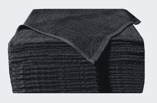 Stack of black Microterry cotton auto towels with the top towel folded back to show the texture