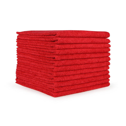 a stack of red microfiber towels