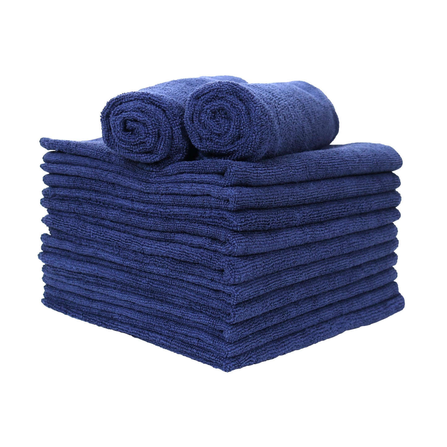 a stack of navy blue microfiber towels