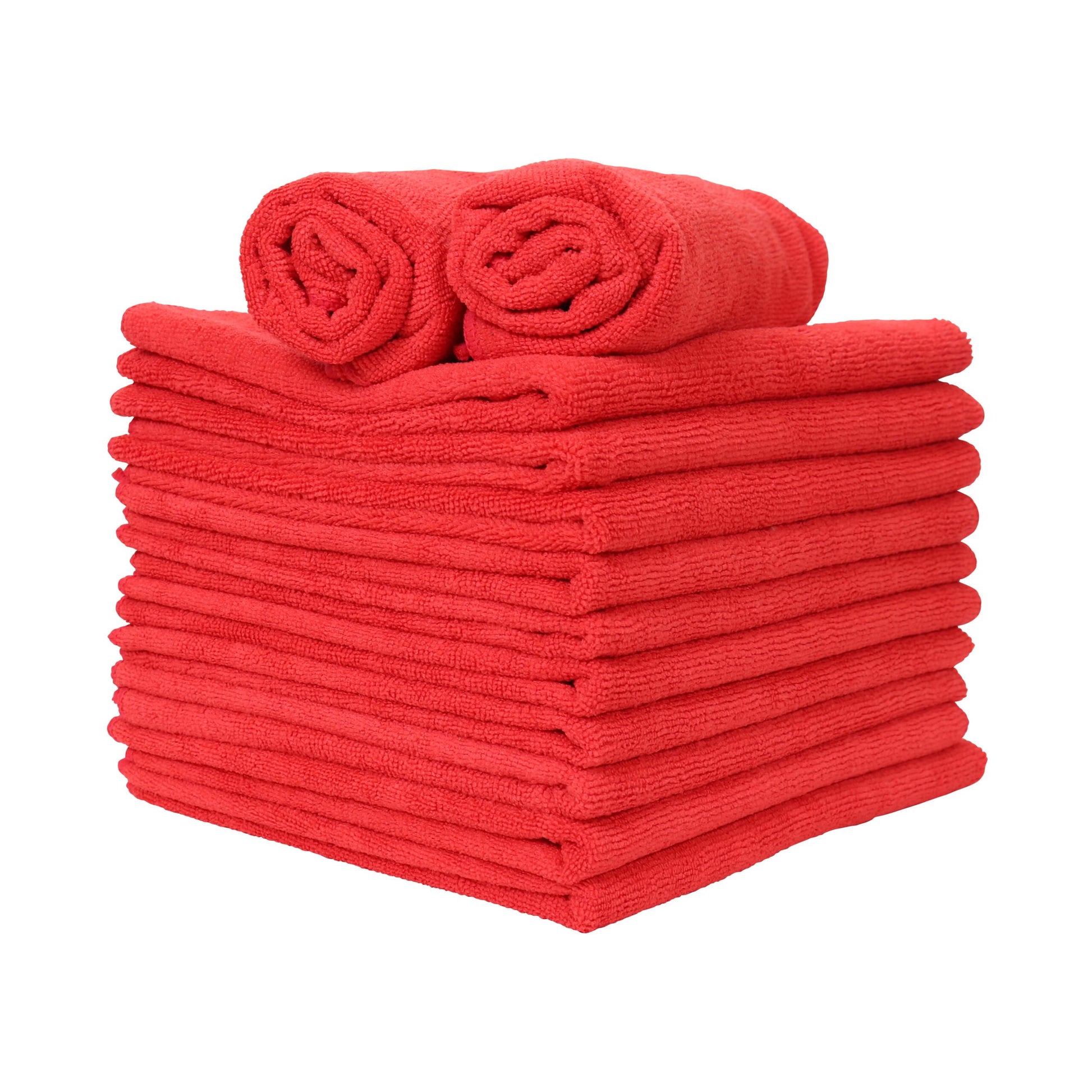a stack of red microfiber towels